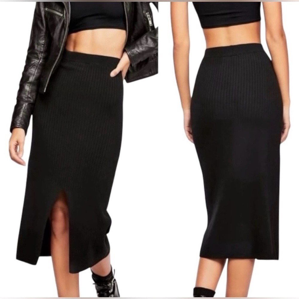 NWT Free People ribbed black midi skirt with front slit